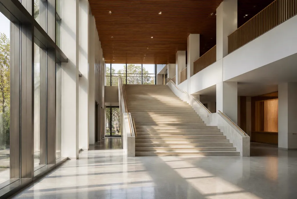 Hall d’accueil d’un bâtiment d’enseignement contemporain
