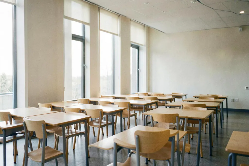 Salle de cours vide et lumineuse, tables et chaises de bois clair