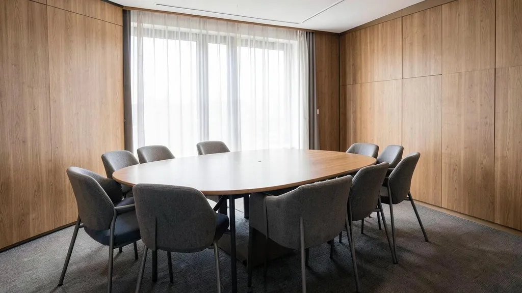 Salle de réunion vide, longue table de chêne clair et baies vitrées