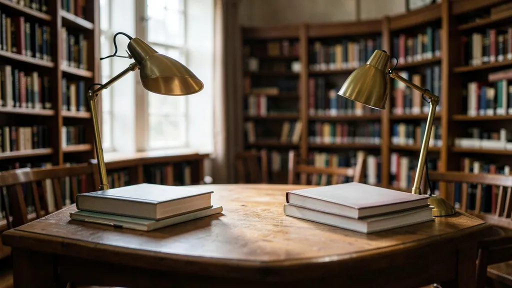 Salle d’étude aux tables de chêne et lampes de laiton