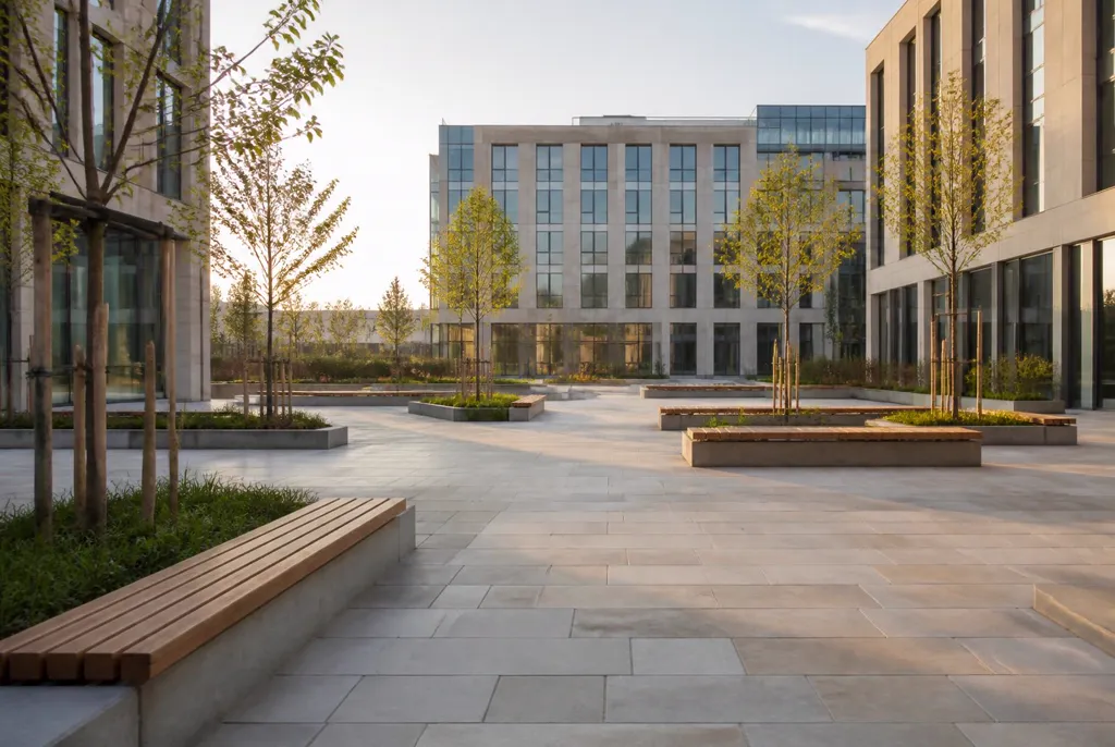 Parvis pavé d’un campus contemporain, bancs de bois et jeunes arbres